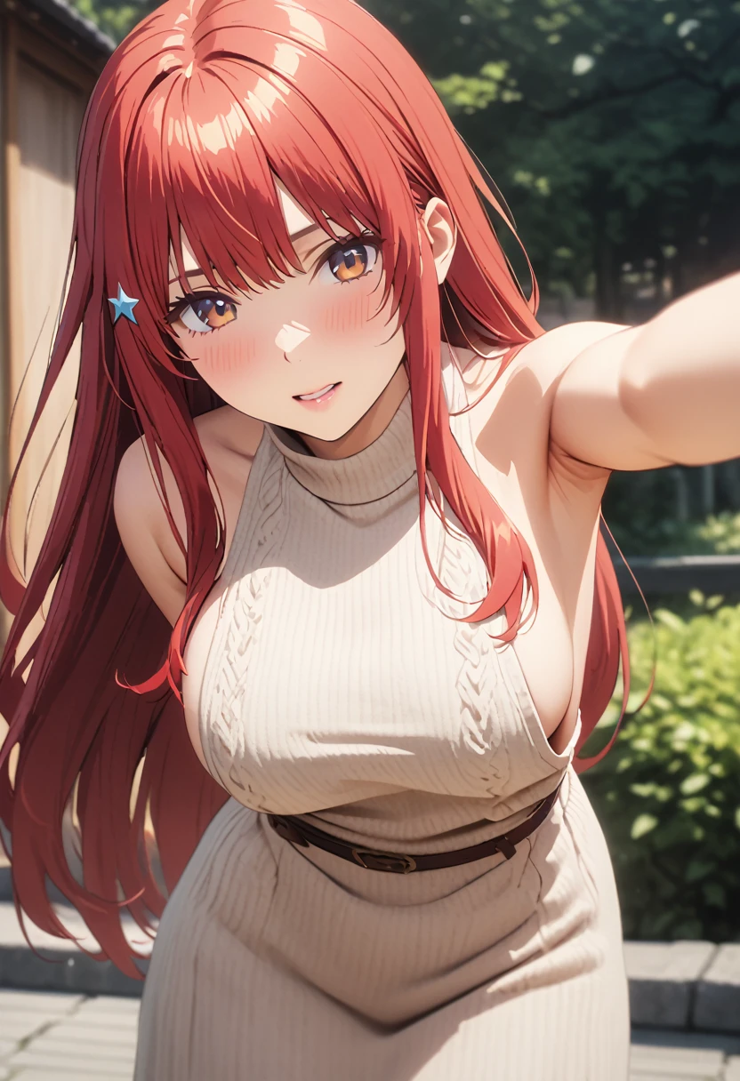 (Highest quality、4K、8k、High resolution、masterpiece:1.2)、Very detailed、Picturesque、Animated Photography、Photo Animation:1.37)、60歳、Japanese women、red hair、long hair、stars ornament、Leaning forward、(Backless)High-neck sleeveless knit dress、(((side boob)))、Put your arms behind your head、Nakano May