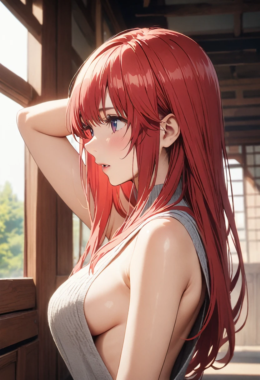 (Highest quality、4K、8k、High resolution、masterpiece:1.2)、Very detailed、Picturesque、Animated Photography、Photo Animation:1.37)、60歳、Japanese women、red hair、long hair、stars ornament、Leaning forward、(Backless)High-neck sleeveless knit dress、(((side boob)))、Put your arms behind your head、Nakano May