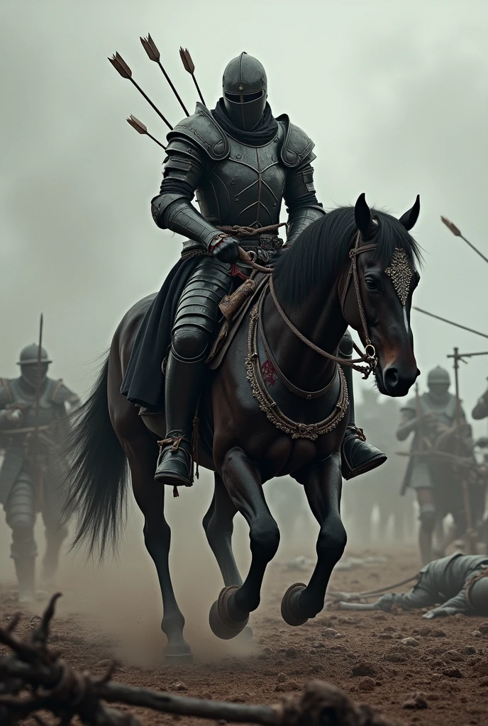 Drawing of a Templar knight in black armor with arrows on his body on a battlefield, riding badly wounded to the point of falling off the horse