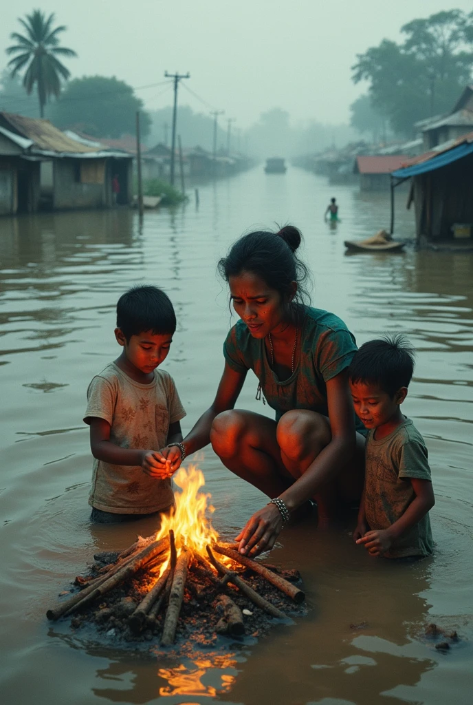 An extremely flooded area of Bangladesh where mother cooking for the children on the flooded water but the children are crying for the food. Mother trying to make them understand.