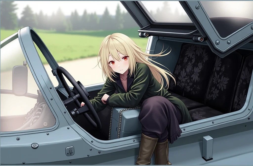 A beautiful adult Japanese anime girl with blonde hair and smooth pale skin with red eyes she has medium sized chest and wears a white shirt with blue ripped jeans and white Beige sneakers and had a green bomber jacket on with a grey us Air Force HGU-55 flight helmet beside her