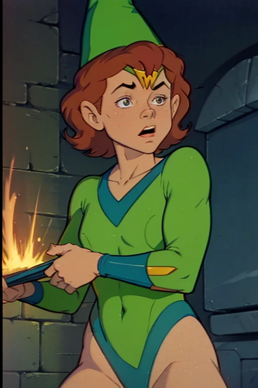 a redhead cartoon character, wonder woman outfit, green leotard, very muscular, male wizard, 1980s cartoon, animated episode still, Presto (((mad))), ((Wears a wizard hat))