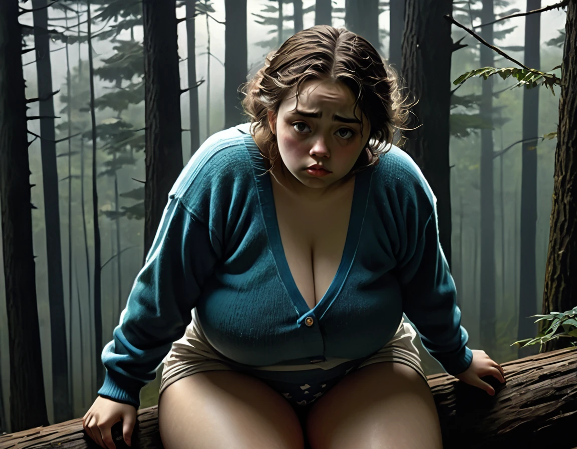 (1 girl) (masterpiece, best quality) ((the chubby camp councilor is sad she wont see you until next year)) , ,  , (stormy dark sky, sunset, raining) (beautiful forest background)
((Melancholy emotions:1.4)), ((realistic oil painting)) art by norman Rockwell, ((heavy, huge, full chest)) (safe for work:1.3), (dynamic angle), (dynamic pose), ((realistic anime style)) ((full body picture)) , ((sweater and panties))