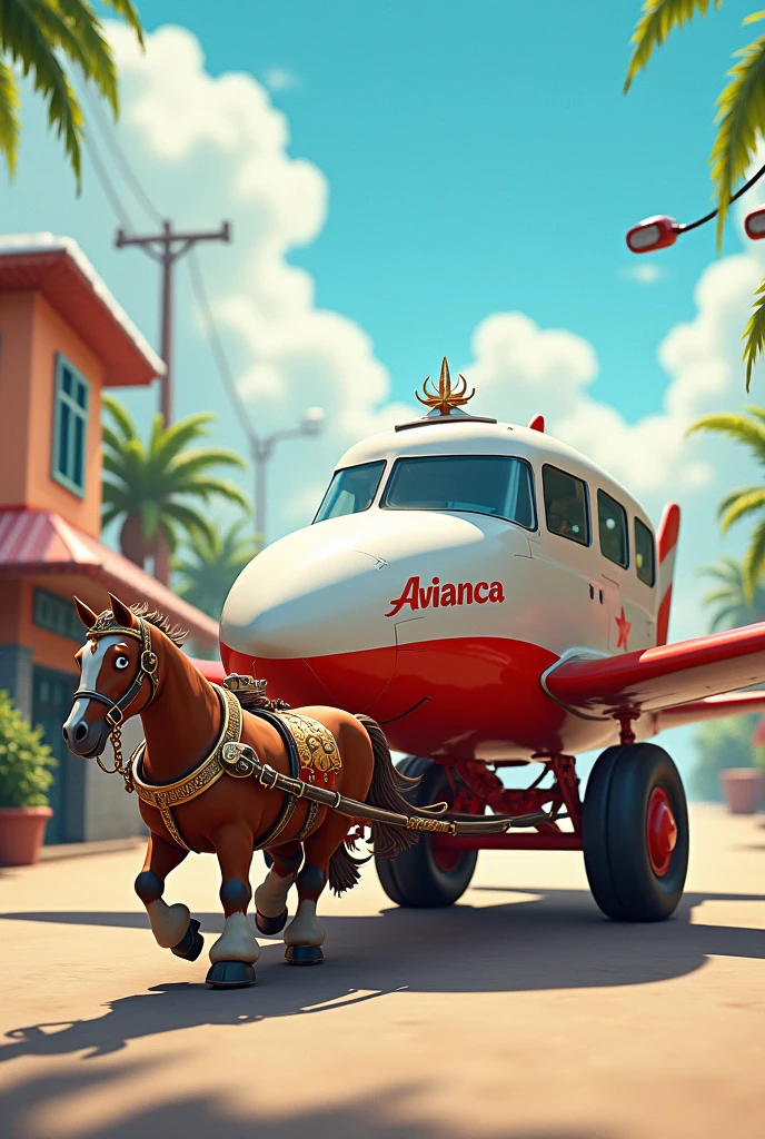 Cartoon of a white and red Avianca plane turned into a horse-drawn carriage