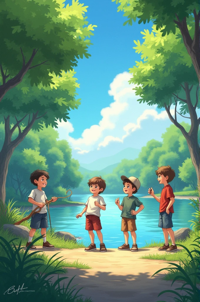 A serene riverbank with trees, where the boys meet and play.