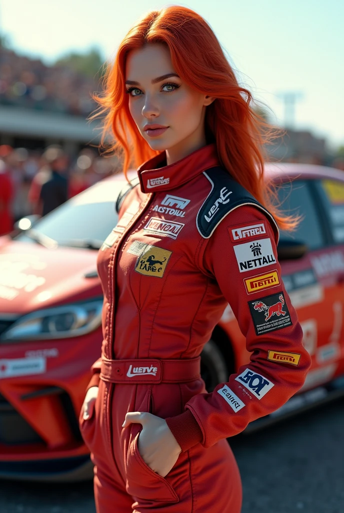 A photo realistic digital artwork of gorgeous red head female rally racer in an official racing suite, detailed face, stands beside her badass ((rally car)), masterpiece professional hyper realistic artwork of Don Lawrence, insanely detailed and intricate, volumetric lighting, professional colour grading by Kenneth Hines Jr., outdoors at the start lane.