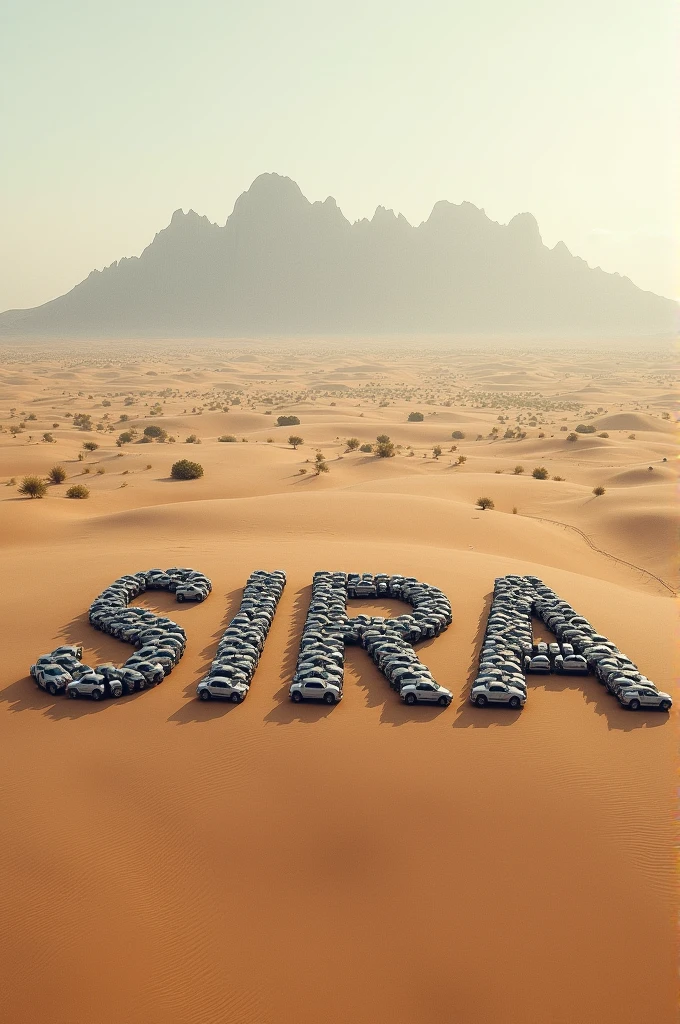 Create an image of a vast desert landscape with
numerous cars arranged to form the text 'ALL
EYES ON sira hindu maha ganapaty signifying a significant event
or gathering in sira that is attracting
widespread attention. The scene should
illustrate the extent and influence of human
activities on natural environments." And
mountain in background