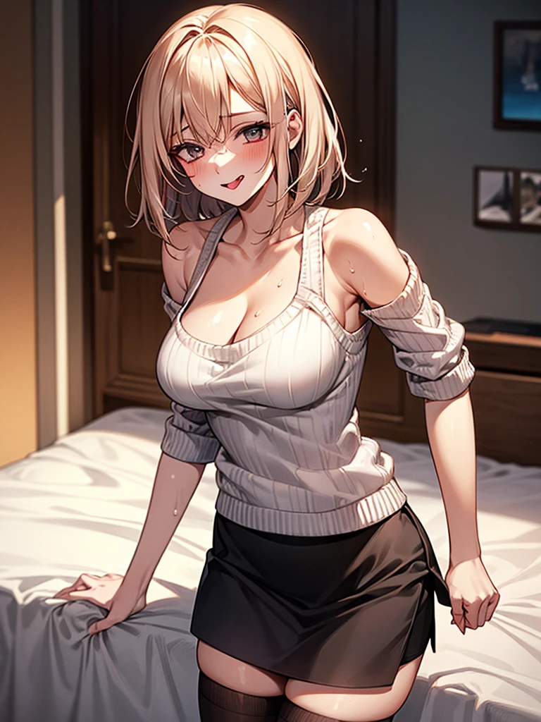 ((Highest quality)), ((masterpiece)), (detailed), One person,Age 25,(White knitted sweater),(mini skirt),Shoulder Bare,Big Breasts,blush,Underbust,(Her cleavage is visible),(Excited expression),(Seduce),night,indoor,Dim lighting,(In a dimly lit room),(In a messy room),Browsing Caution,sexy,Dirty room,Sweat,(Black knee-high socks),(Moving my tongue up and down),(She holds the man&#39;s penis between her breasts and sucks the tip.),(A man hugs me from behind)