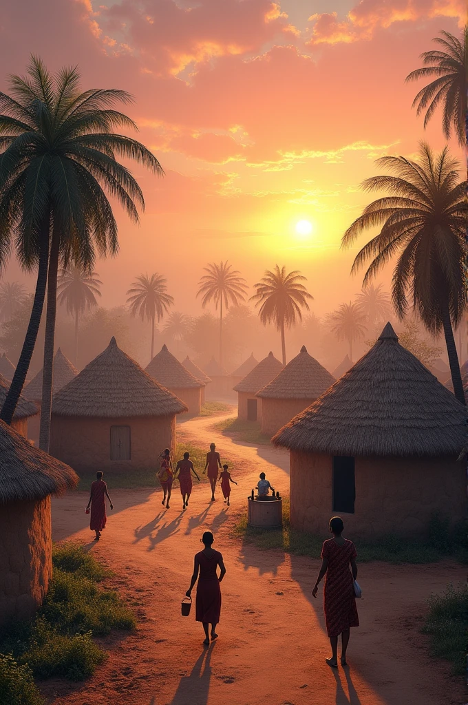 Scene 1: Village Introduction
Prompt:
"A peaceful Indian village at dawn, with small mud houses, thatched roofs, and tall green trees in the background. A winding dirt road leads to the village center. Villagers are seen doing morning chores: some women drawing water from a well, and men preparing to work in the fields. In the distance, a group of children runs barefoot, playing. The sky is a blend of orange and pink as the sun begins to rise."