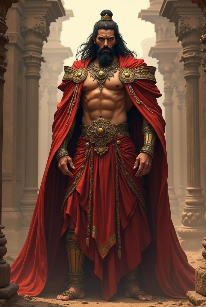 One king with innocent face and good body medium beard full long hair ,height,six pack body with long cloths on his hands standing on his kingdom like a warrior he looks like bramhana