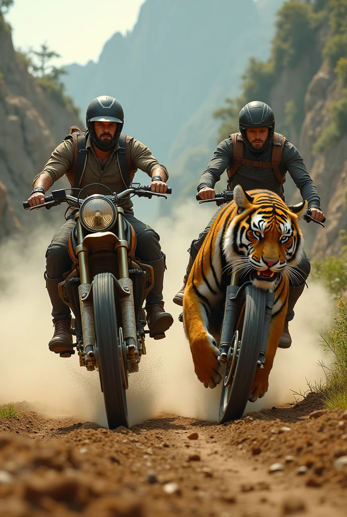 PHOTOGRAPHY in better quality (( masterpiece))
Two bikers riding a tiger each, in competition mode on the Epic Realistic field