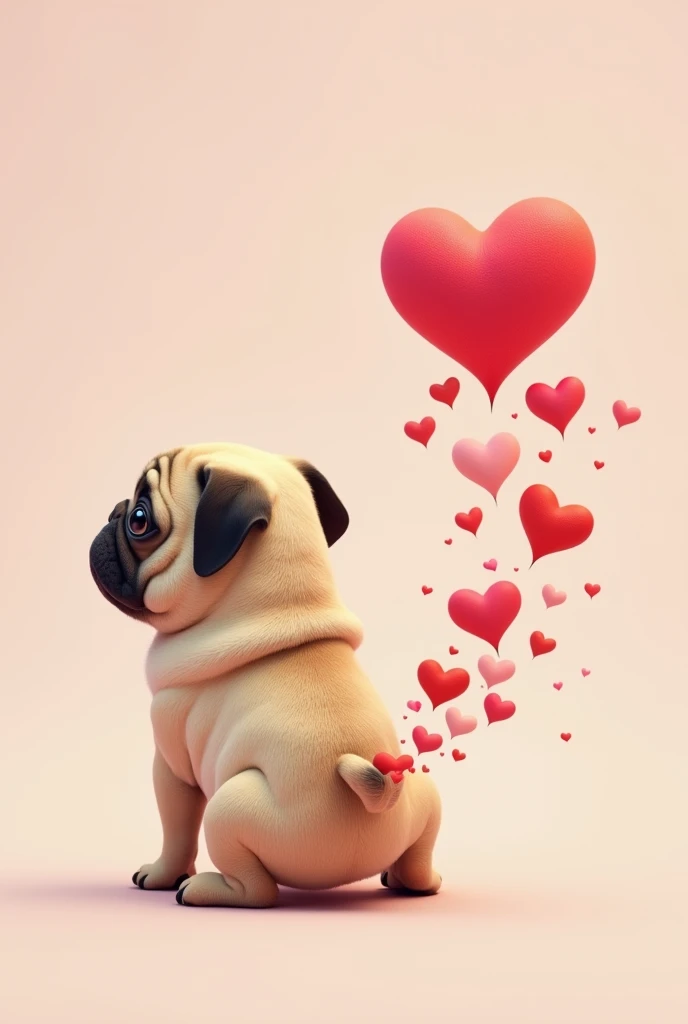 Make a picture of a pug from behind farting so that the fart is many hearts coming out of its anus