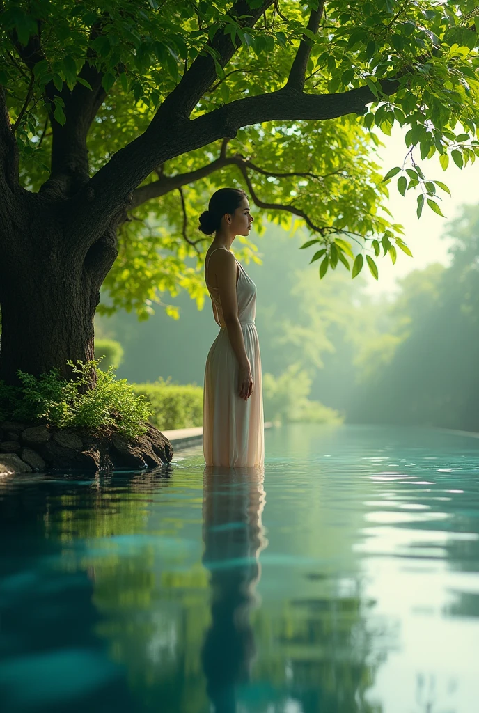 Create a image that there is a tree leaves colour must be #36d267. Also must be luxury and a wallpaper for mobile. Must be in hd quality. #36d267 must be in right upper corner of image. In the middle there must be a girl looking away far in a position like a pool.