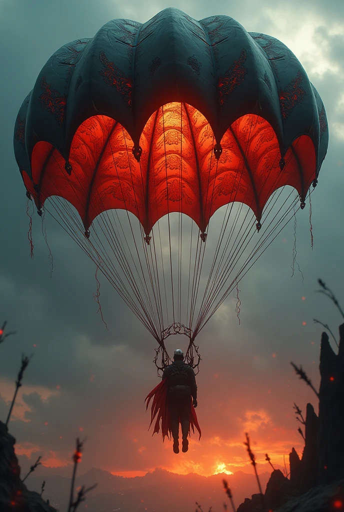 a parachute that opens with demonic patterns and fire.