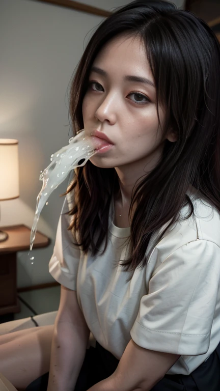 realistic, photo-realistic, best quality, masterpiece, high resolution,  intricate details, extremely detailed, solo, a Japanese mature, (vomiting cum), shirt, skirt, detailed face, detailed dark eyes, sophisticated nose, pale skin, sweaty, shiny skin, photo background, indoors, home, 