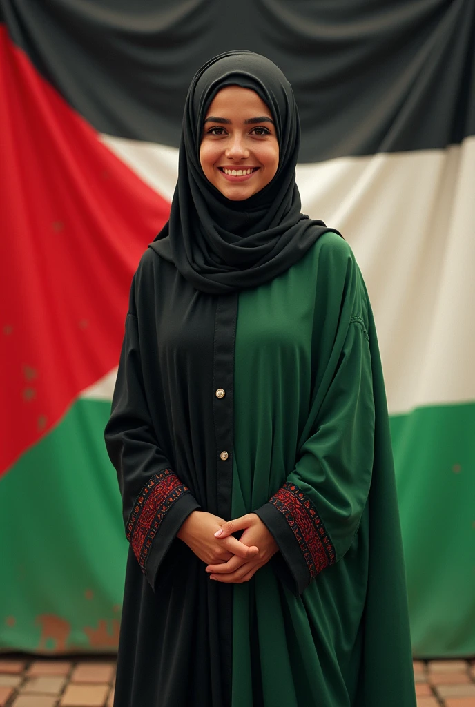 A Palestine flag full background and a girl is standing after that background wearing lose hijab and green black red combination kameez with a smile realistic