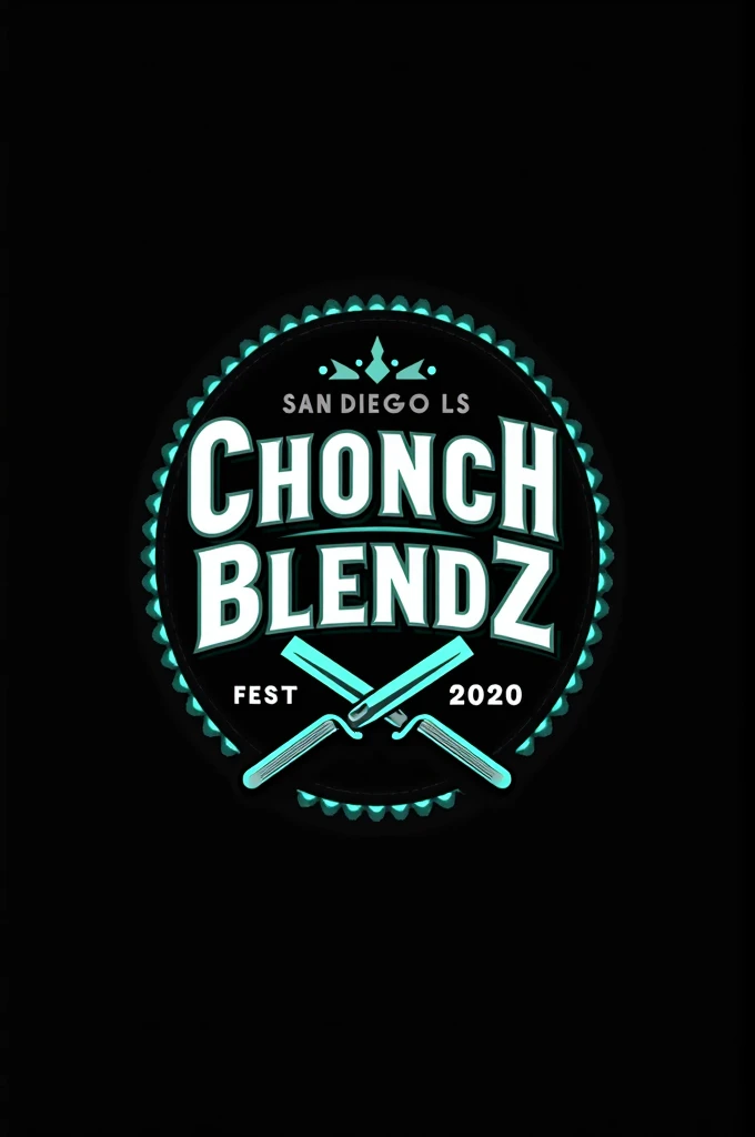Create a flat vector, illustrative-style emblem logo design for a San Diego urban barber 'ChonchBlendz' established in 2020 , featuring a modern straight razors crossed in the center of the company name. Use neon green, blue, grey and white colors to convey trust, premium service and a luxury experience against a black background. English