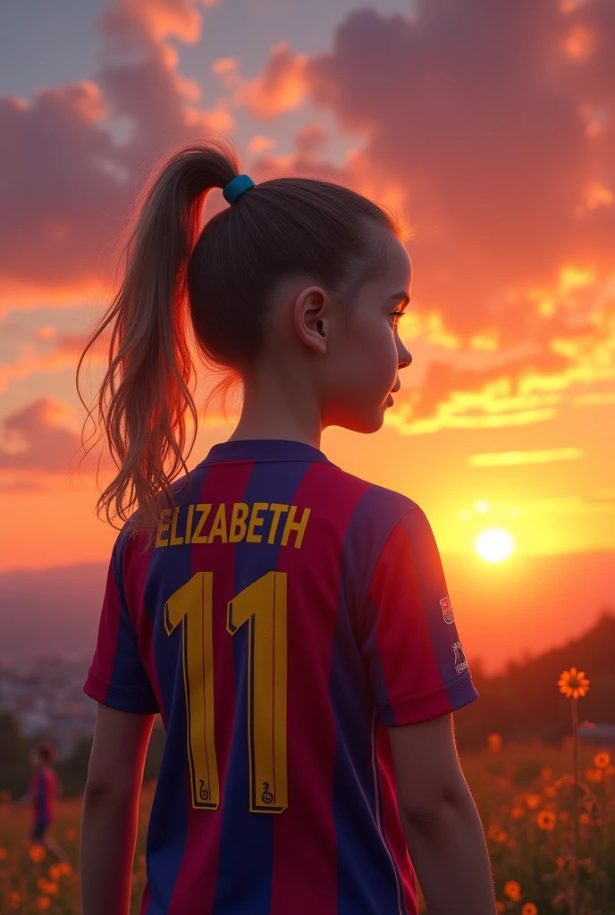 Girl with a Barca shirt that says Elizabeth with the number 11 at a sunrise 