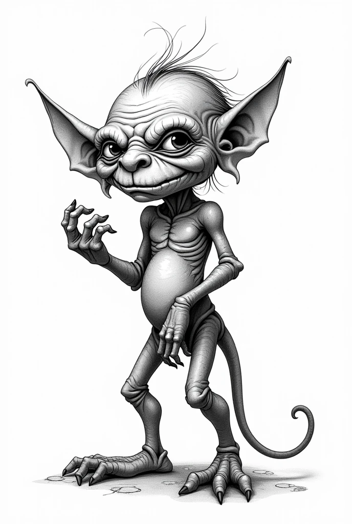 A 4k quality adult coloring book page of a Goblin, based on historic writings, high detail, no color, no darkened areas, no grey scale, no shadow.