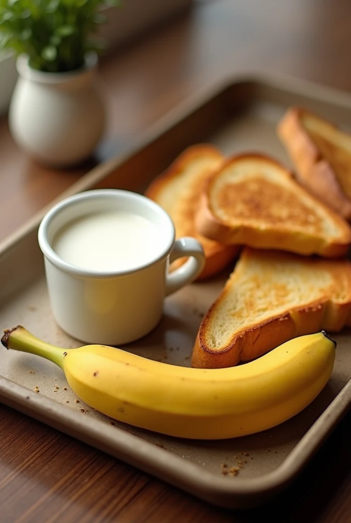 Banana, cup of milk, toasted bread in a tray