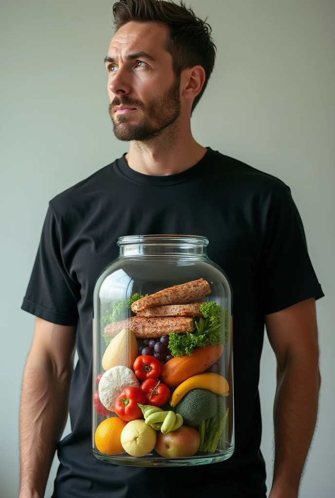 Create an image of a man wearing a black shirt, but on his body, on the abdomen, there is a large clear glass and there is a lot of food in that glass.