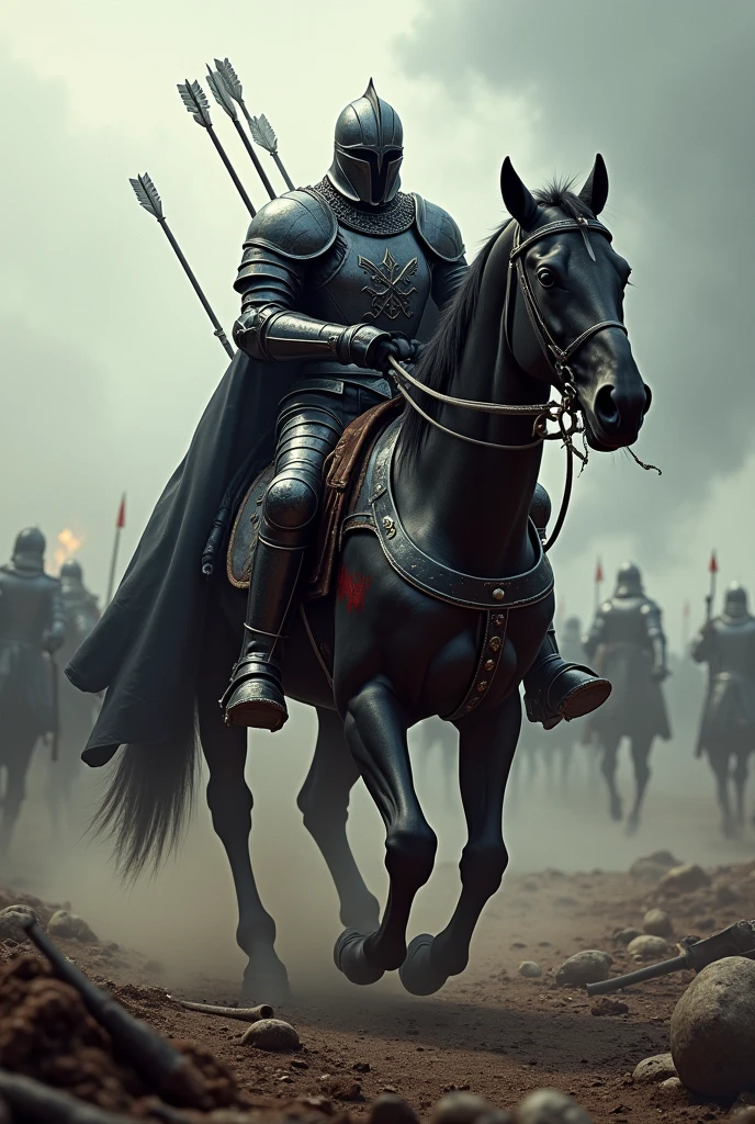 Drawing of a Templar knight in black armor with arrows on his body on a battlefield, riding badly wounded to the point of falling off the horse
