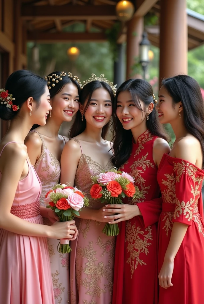 Six beautiful young women. The first young woman is of Thai nationality, 18 years old, wearing a Thai national wedding dress. The second young woman is of Lao nationality, 1, wearing a Lao national wedding dress. The third young woman is of Japanese nationality, 1, wearing a Japanese national wedding dress. The fourth young woman is of Korean nationality, 20 years old, wearing a Korean national wedding dress. The fifth young woman is of Taiwanese nationality, 2, wearing a Taiwanese national wedding dress. The sixth young woman is of British nationality, 2, wearing an English national dress, are about to get married. The bride is smiling and happy.