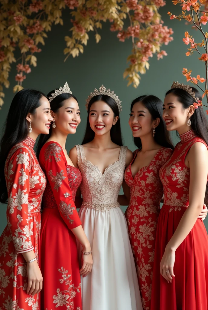Six beautiful young women. The first young woman is of Thai nationality, 18 years old, wearing a Thai national wedding dress. The second young woman is of Lao nationality, 1, wearing a Lao national wedding dress. The third young woman is of Japanese nationality, 1, wearing a Japanese national wedding dress. The fourth young woman is of Korean nationality, 20 years old, wearing a Korean national wedding dress. The fifth young woman is of Taiwanese nationality, 2, wearing a Taiwanese national wedding dress. The sixth young woman is of British nationality, 2, wearing an English national dress, are about to get married. The bride is smiling and happy. 