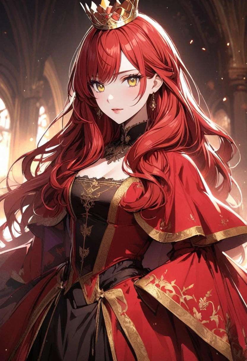 female, queen, red royal robe, red hair, yellow eyes, pretty, long hair