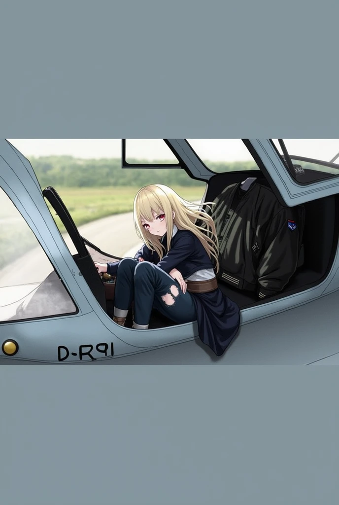 A beautiful adult Japanese anime girl with blonde hair and smooth pale skin with red eyes she has medium sized chest and wears a white shirt with blue ripped jeans and white Beige sneakers and had a green bomber jacket on with a grey us Air Force HGU-55 flight helmet beside her