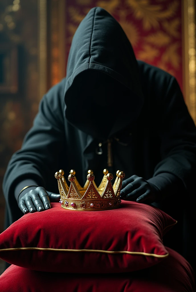 A hidden thief wants to steal a crown on a red pillow .