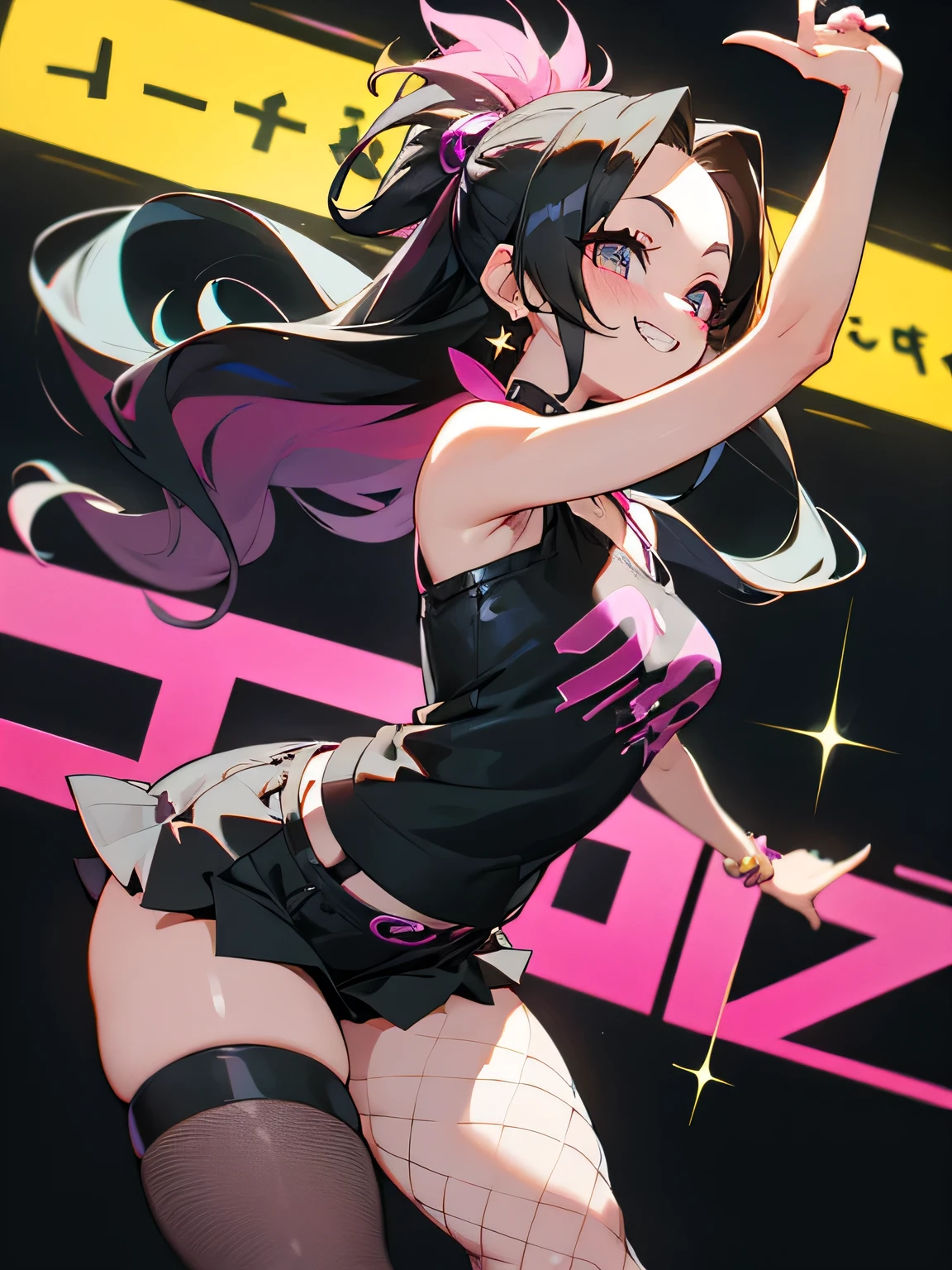 solo,(looking away:1.2),(loeaning foward:1.3), upperbody, multicolor curly sideup hair, (tsurime), big forehead, eyelash, punk lady clothing, offshoulder, black camisole, pink miniskirt, fishnet stockings, punk rock image, Sing a song、(diva),(I am the star）、grin