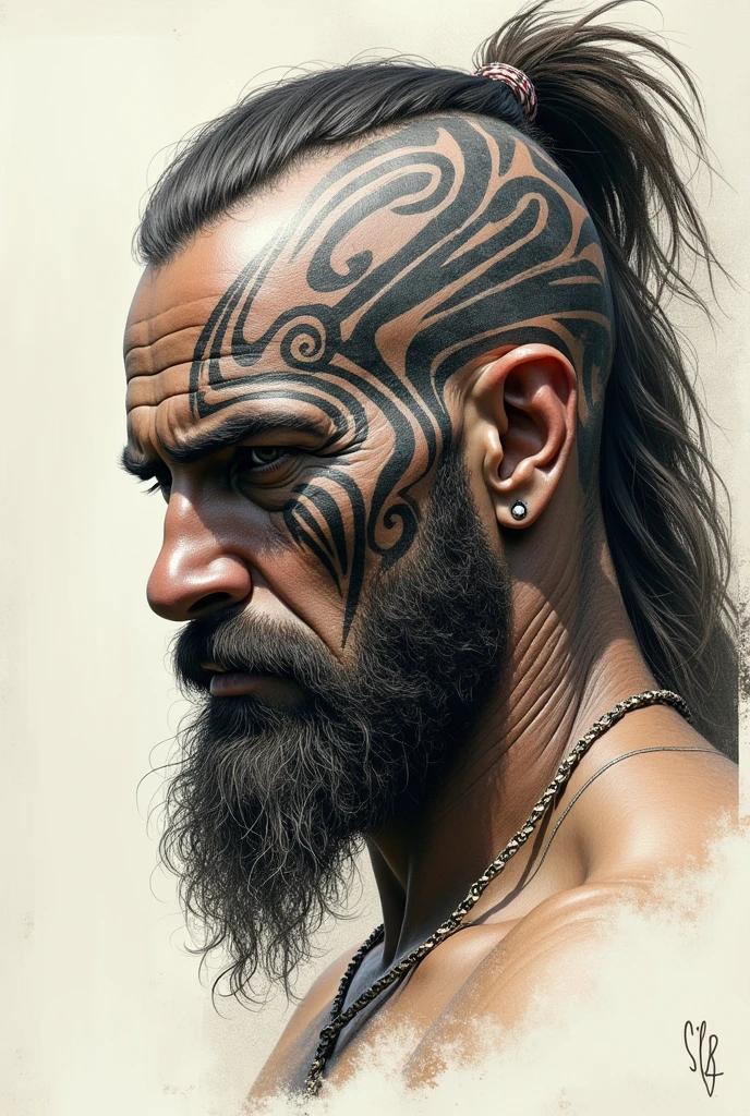 Sketch for realistic warrior face tattoo