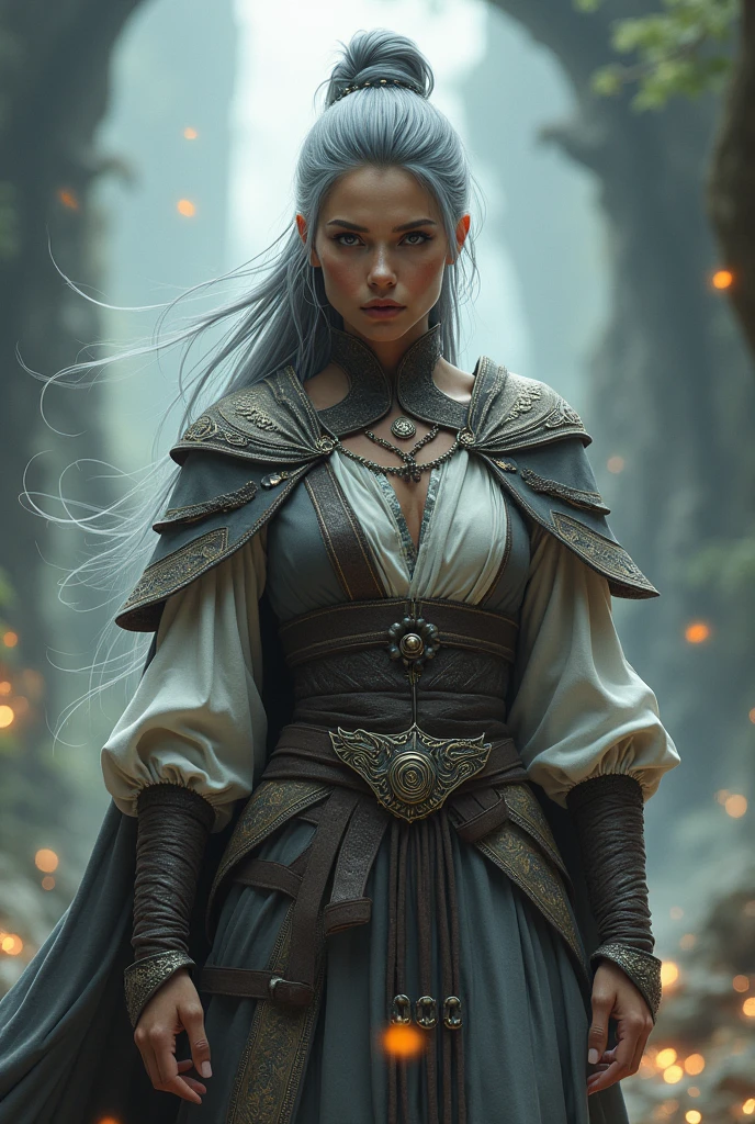 Imagine a warrior woman in magical medieval attire with gray hair and black skin. .with magic around , drawning .with black skin , with hair tied in a bun , the dark skin