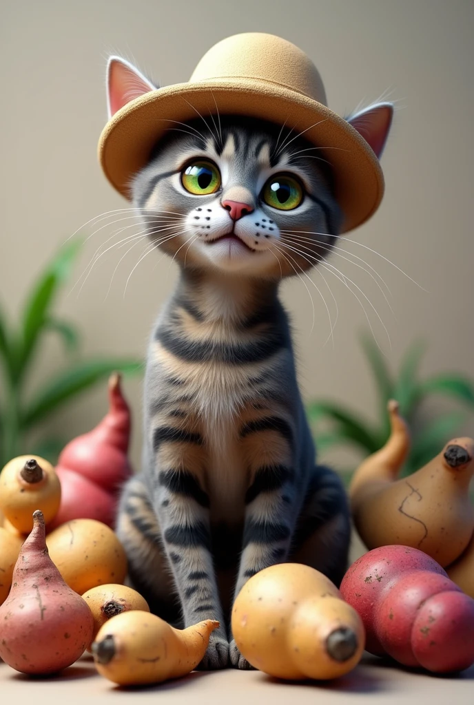 Gray Bengal cat with hat surrounded by tubers logo 