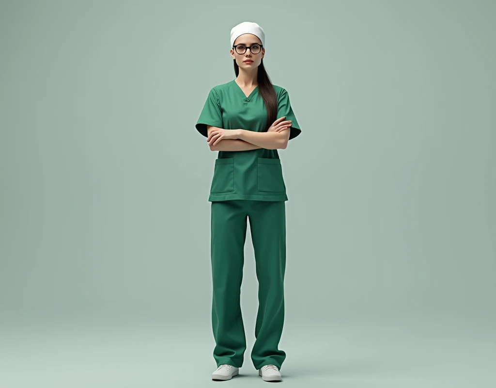 Angelina Jolie wearing green scrubs, wearing and skull cap, wearing surgical glasses, fullbody view, arms crossed,