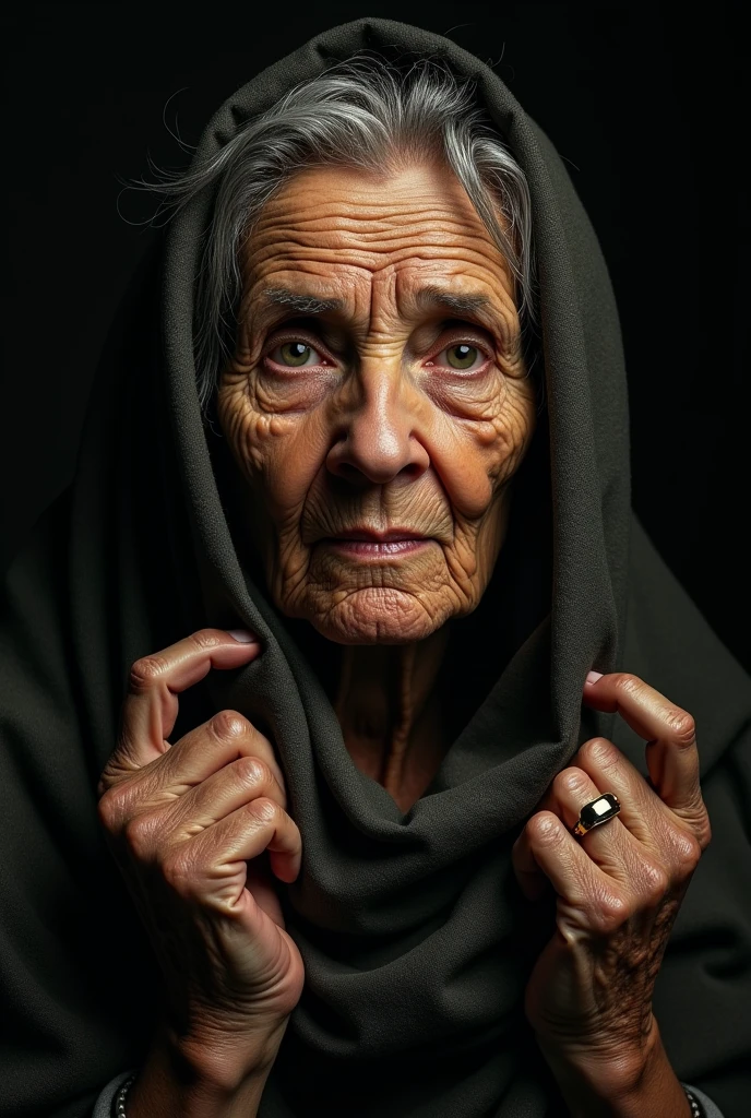Berroco masterpiece, face of an old woman with a shawl on her head, and wrinkled hands, like coming out of the darkness, warm tones, very high contrasts, realism, Caravaggio, tenebrismo, black dark background,