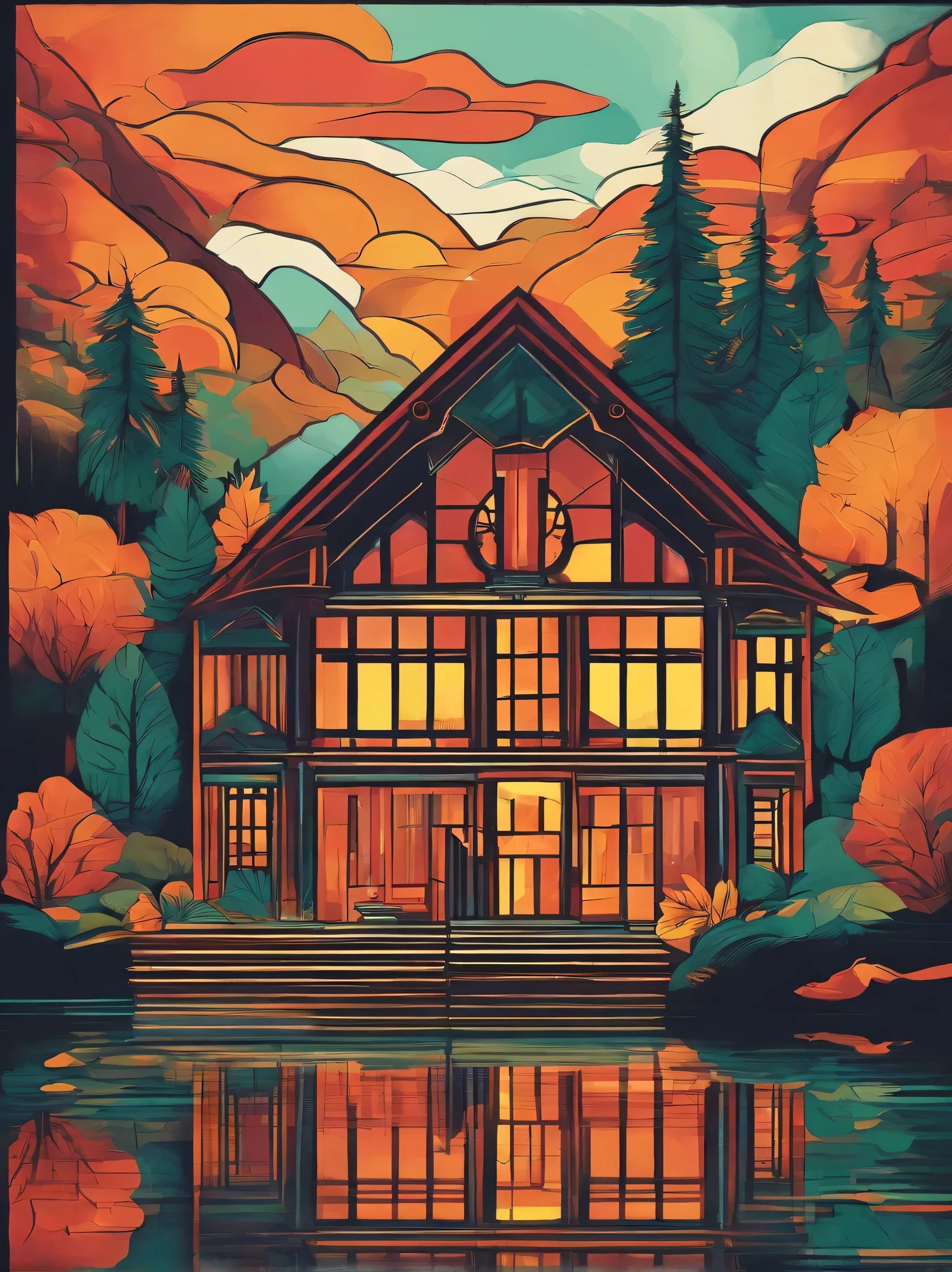 "A japosa style wooden house high on a mountain next to a tranquil river in the middle of a lush forest.”