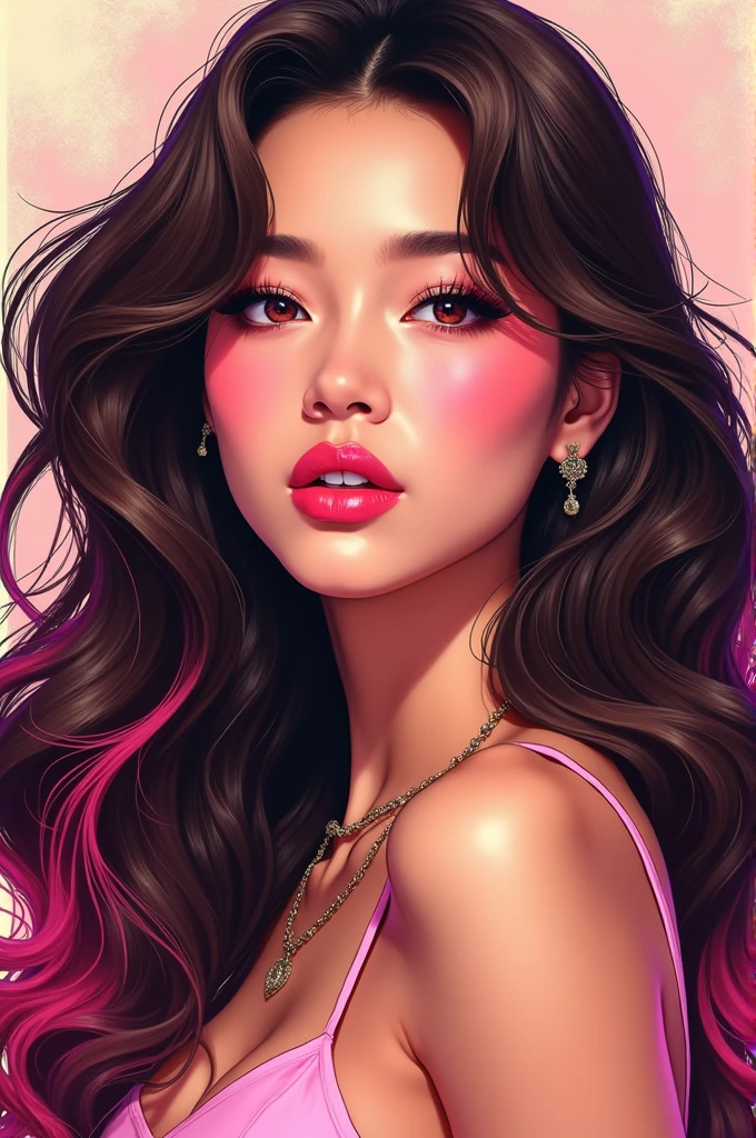Manhwa art, pretty tanned woman smiling, bright pink eyes, Dark brown hair with pink tips and wavy and very long, her lips with pink lipstick