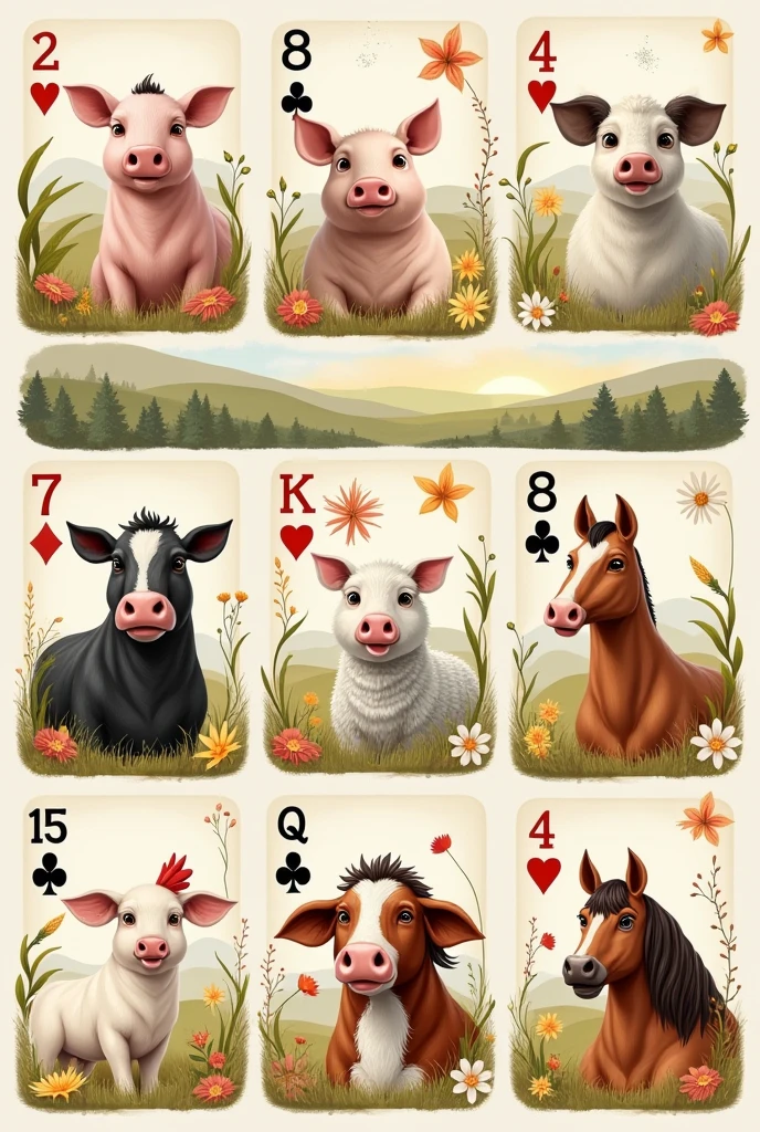 poker cards with the image of farm animals