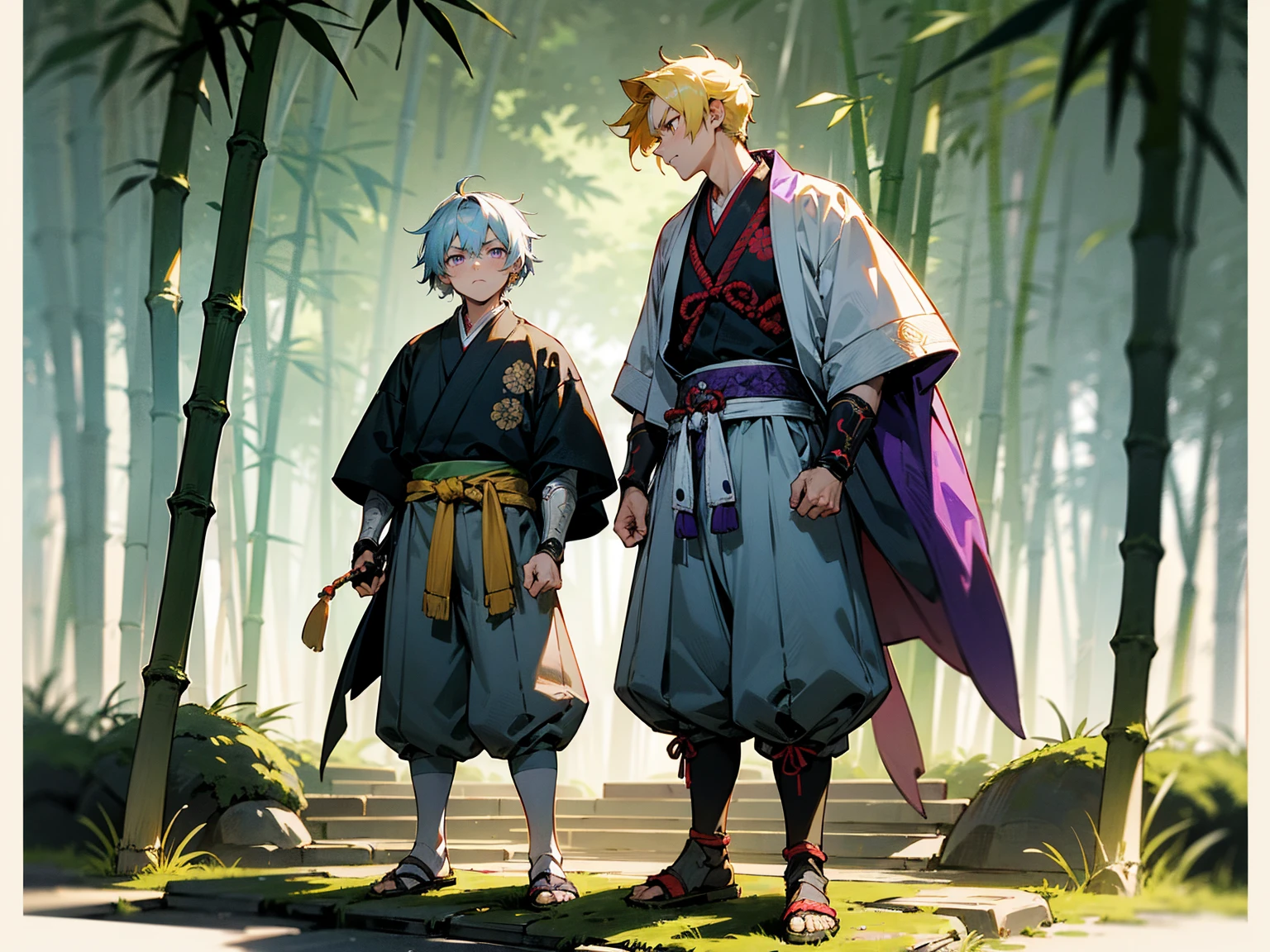 1male,Adult Male, Oumbre Hair,Messy Pale Blue Hair ,Yellow Highlighted Hair, Purple Eyes , Samurai Armor-piece Armguard On One Arm , Fitted Yukata , Baggy Grey Pants, Loin Cloth , Standing on stone path , Bamboo Forest Background , Serious Expression