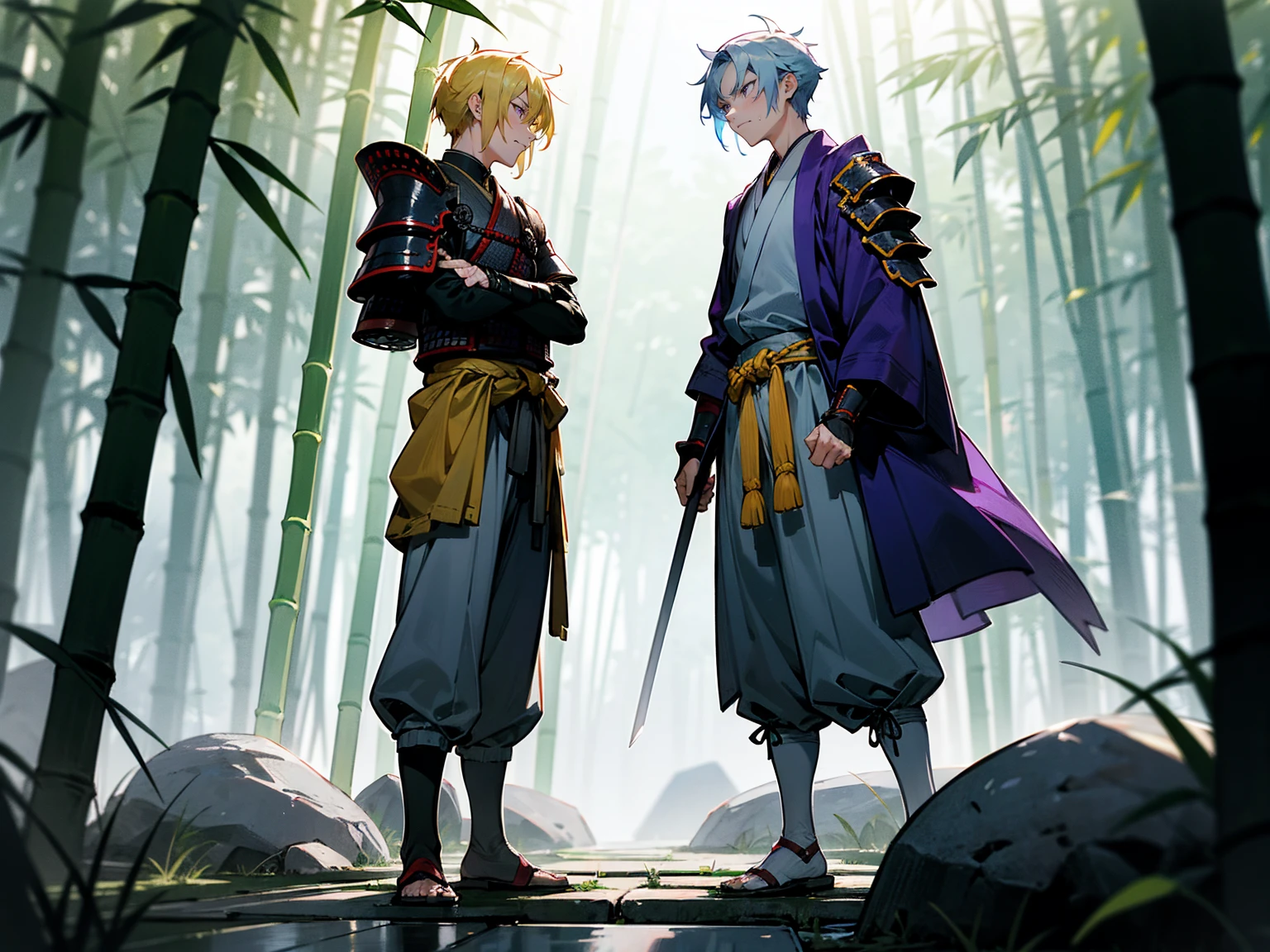 1male,Adult Male, Oumbre Hair,Messy Pale Blue Hair ,Yellow Highlighted Hair, Purple Eyes , Samurai Armor-piece Armguard On One Arm , Fitted Yukata , Baggy Grey Pants, Loin Cloth , Standing on stone path , Bamboo Forest Background , Serious Expression