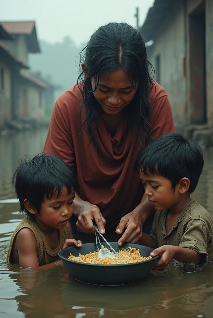 An extremely flooded area of Bangladesh where mother cooking for the children but the children are crying for the food. Mother trying to make them understand.