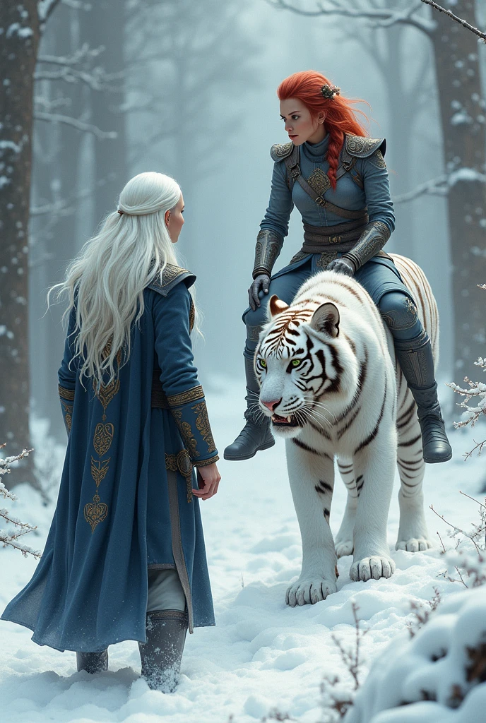 Woman with dark red hair, green eyes with yellow, wearing gray fighting gear, in a snowy white forest, on top of a white tiger facing a tall man with pointy ears, long white hair and light blue eyes, wearing navy blue tunic