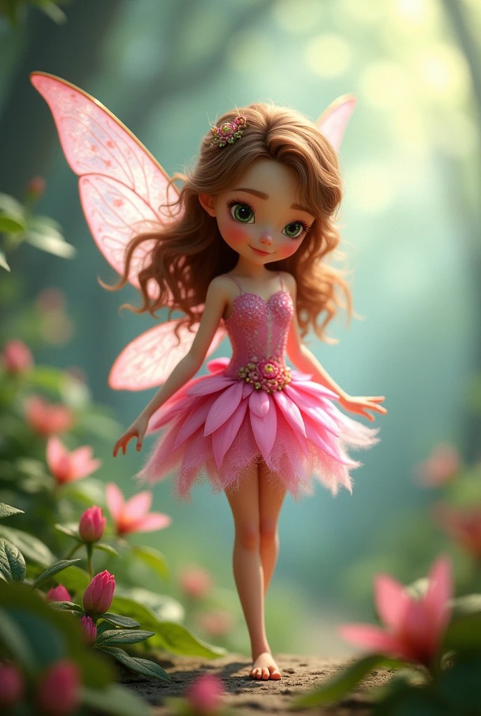 Image with the magic of Pixar, Tinkerbell's Friend Rosette, a white fairy with brown hair, dress made of a pink flower and transparent wings 