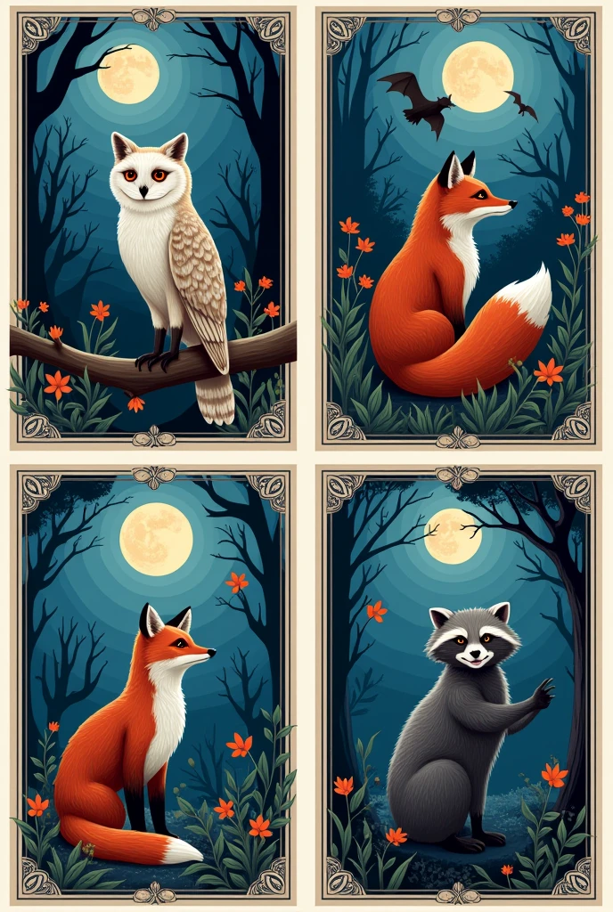 4 cards of nocturnal animals