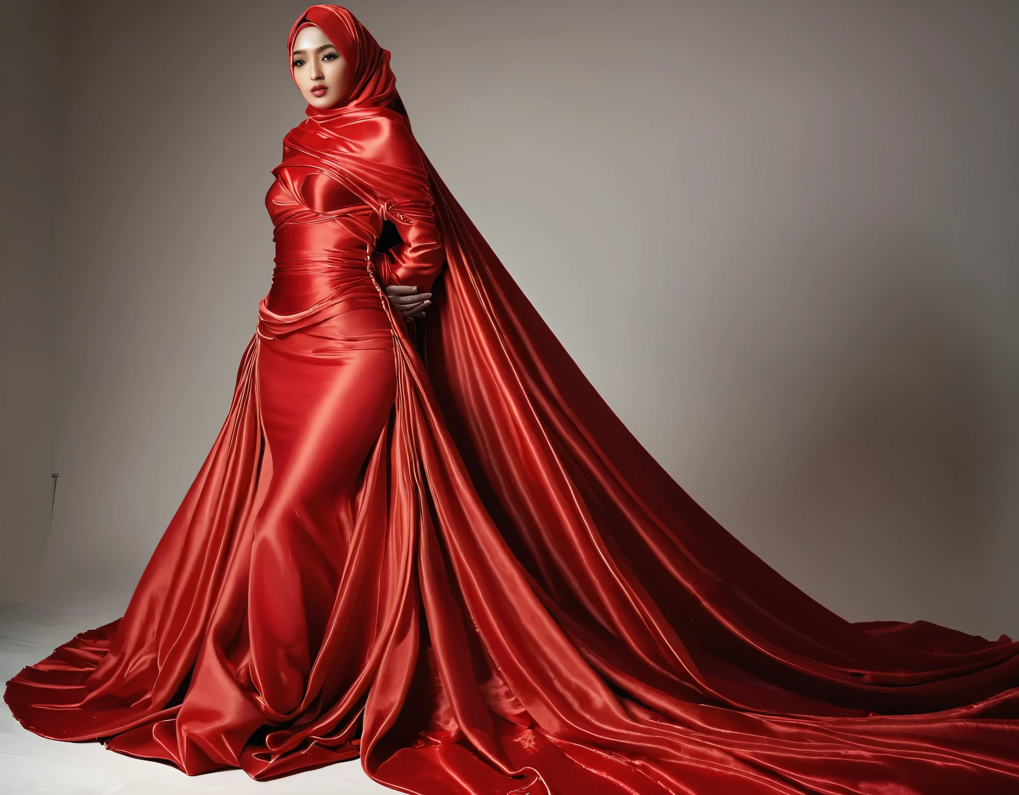 A woman shrouded in a 10-meter-long, plush red satin cloth, tightly bound and grandly draping along the form of her body, flowing off into a pooled floor-length train, styled in a mermaid-inspired outfit, her head modestly veiled in a satin hijab, tall woman, in photo studio, a full-body pose conveying a sense of elegance, captured in a 4k resolution, ultra-realistic