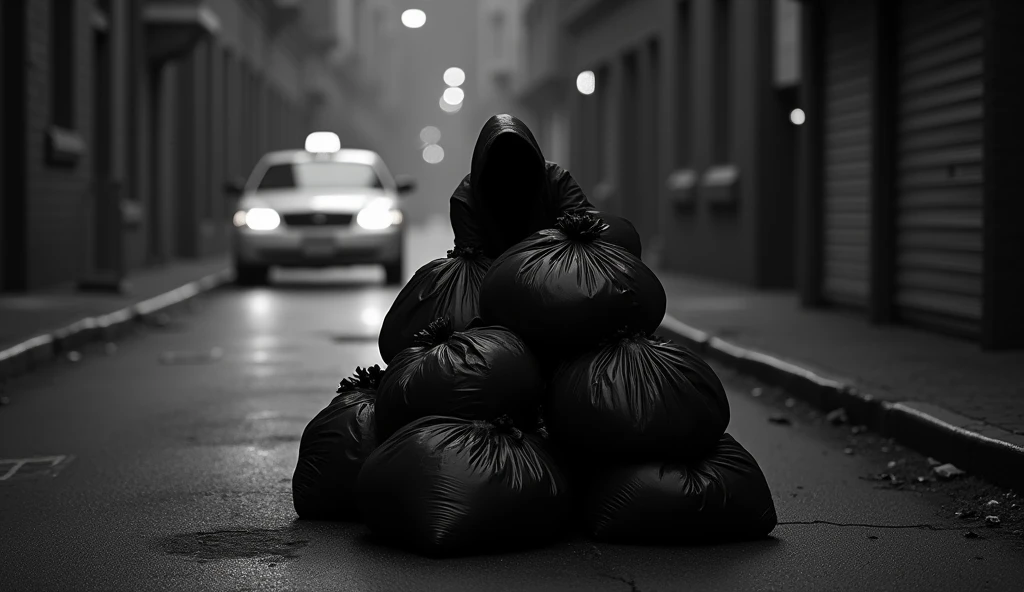 Black and white image, high quality, hyperreal, A very dark and malicious ghostly shadow crouching and hiding behind 6 black bags full of garbage, on the wall of a long, unlit alley at night, where a taxi is entering. Very scary image. 