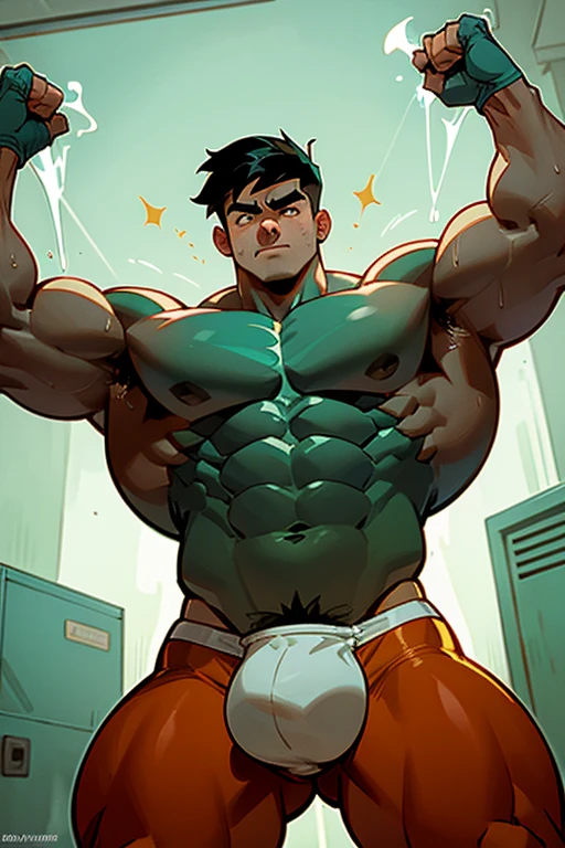 Danny Fenton from Danny Phantom animated series as a big dumb age muscular bodybuilder jock in a locker room flexing and staring blankly with mouth gaping open as his eyes glow under hypnosis as he repeats, "Bigger... Dumber.... Must obey.... More like a jock bro every day.... Yes, Coach. I obey. Huhuhuhuh.... Sweaty brutes must obey.... Sweaty brutes do what you say.... Big ... sweaty ... musky jock bro.... The muscles must grow. The old smarts must go.... Recruit the nerds and watch them grow. Make them like us, ... more big dumb jock bros. Huhuhuh.... We will grow. We will spread. We will make more dumb jocks.... We will grow... We will spread... We will make more dumb jocks.... We will grow. We will spread. We will make more dumb jocks...." in deep mindless emotionless voice with fellow hypnotized jocks to forget about catching ghosts and focus instead on training his body and obeying his coach. Mouth dropped open. Hyper swollen bulging crotch. Hyper muscles. Toned muscles. 5% body fat. Steam rising from armpits and shoulders. Big biceps. Big triceps. Broad shoulders. Big traps. Big lats. Big meaty pecs. Massive deltoids. Six-pack abs. Spherical glutes. Brainwashing. Hypnosis. Hypnotized. Bro. IQ drain. Dumber and dumber. Meathead. Musclehead. Mindless. Hypno. Mind control. Brain drain. Entranced. Brute. Brutification. Brain drain. brainwashed. brainwash. Meathead jock bro assimilation. Mindless. Brainless. Empty stare. Hairy pecs. Hairy armpits. Treasure trail.