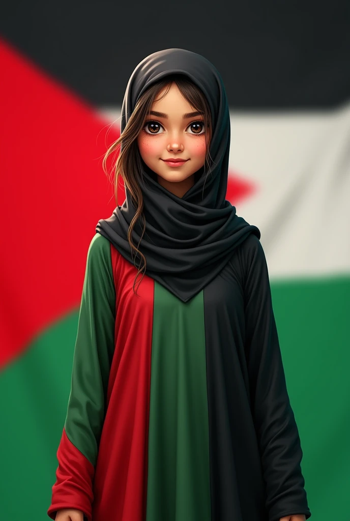 A Palestine flag full background and a girl is standing after that background wearing lose hijab from which hairs of head can be seen and green black red combination kameez with a smile realistic